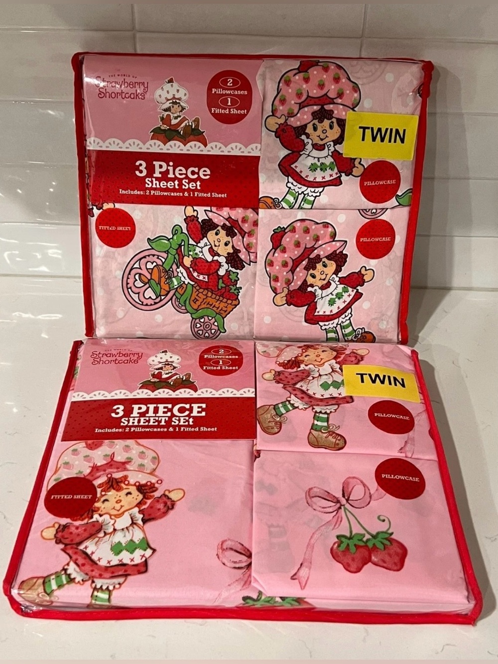 Lot 2 STRAWBERRY SHORTCAKE Twin Fitted Sheet Set 3 Piece 2 Pillowcases Pink HTF